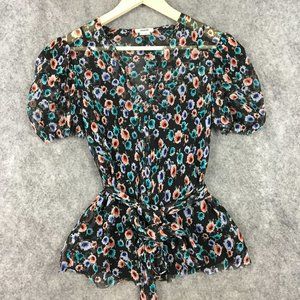 Jason Wu Top 4 Blouse Puff Sleeve Retro Black Floral Tie Belted Chiffon Raw Edge